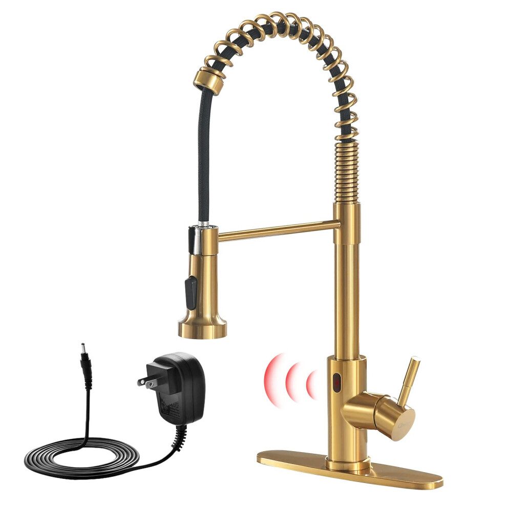 Brushed Gold Touchless Kitchen Faucet With Pull Down Sprayer, Smart Motion Sensor, Hands 9187378963623