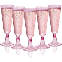 24 Glitter Pink Champagne Flutes, Reusable Plastic Glasses 5 oz for Wedding and Bridal Shower