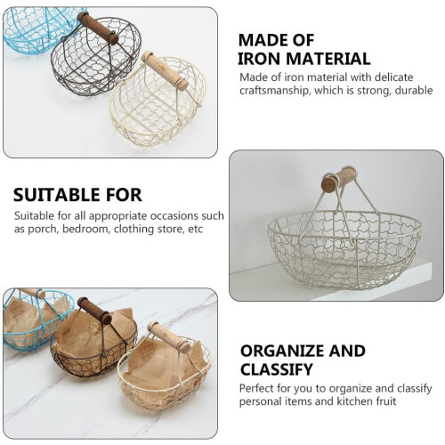 Wire Storage Basket with Handle Retro Iron Design for Kitchen Fruit Vegetables Eggs Beige 2