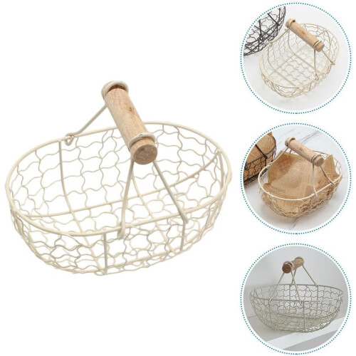 Wire Storage Basket with Handle Retro Iron Design for Kitchen Fruit Vegetables Eggs Beige 1