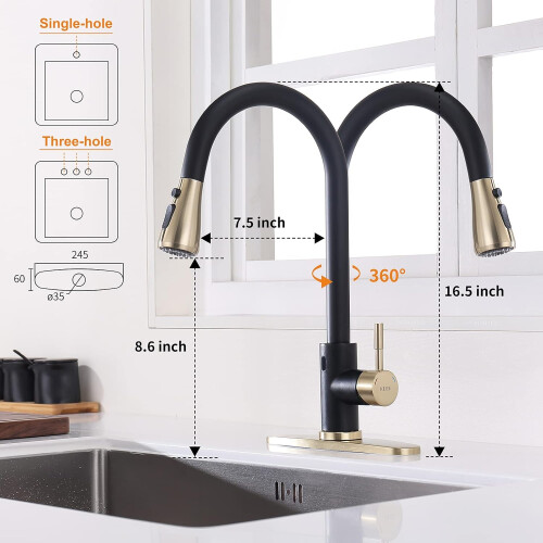 Touchless Kitchen Faucet with Pull Down Sprayer, Motion Sensor, Soap Dispenser, Black and Gold 1