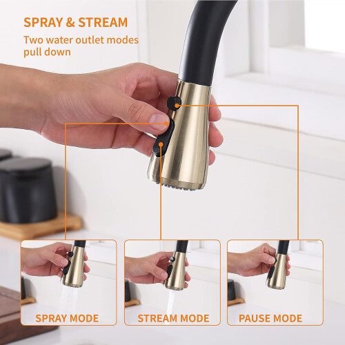 Touchless Kitchen Faucet with Pull Down Sprayer, Motion Sensor, Soap Dispenser, Black and Gold 2