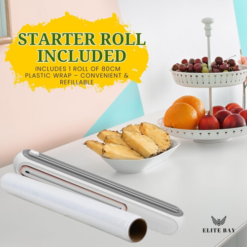 Plastic Wrap Dispenser with Smooth Sliding Cutter for Kitchen Food Storage, Refillable ABS, White 1