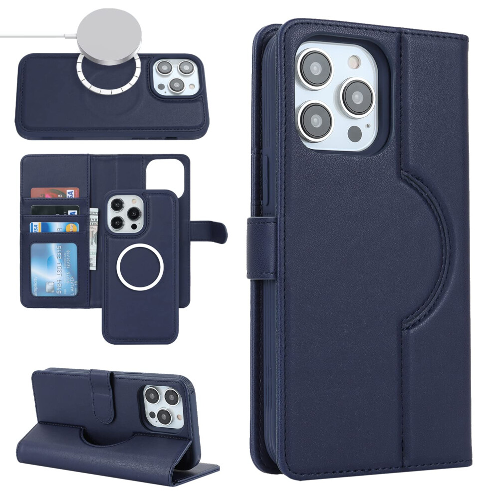 Magsafe Compatible Flip Leather Wallet With Card Holders Detachable 2In1 Magnetic Closure For Iphone 15 Pro Max Blue 9199774725521