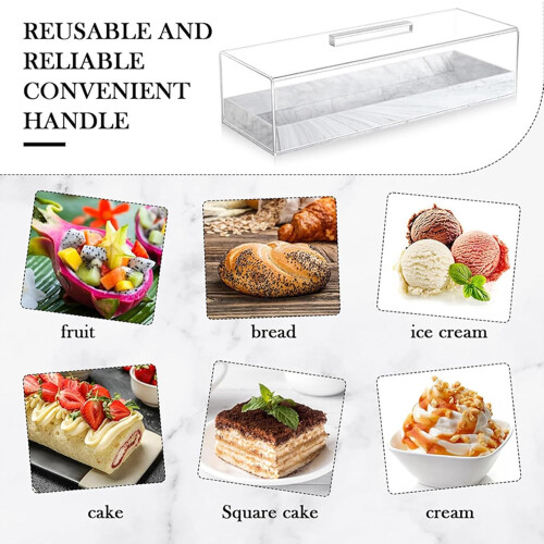 Acrylic Cake Stand with Lid, Clear Rectangular Pastry Display Case, Marble Design Dessert Holder 2