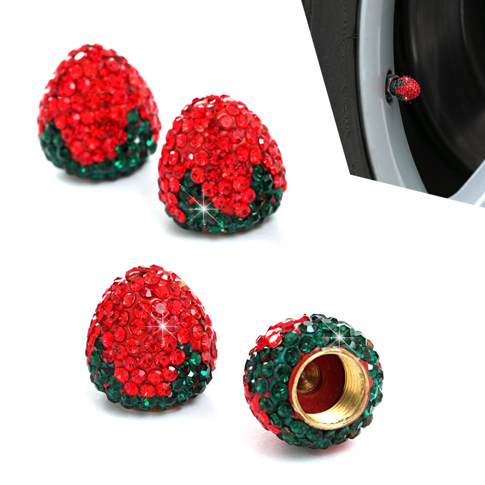4Pcs Strawberry Bling Car Tire Valve Stem Caps, Rhinestone Dustproof Wheel Valve Covers, Universal Fit Red 9199774727099