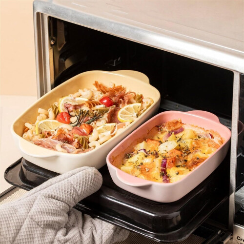 Pink Ceramic Baking Dish 6.8 Inches Rectangular Oven Microwave Dishwasher Safe with Handles 1