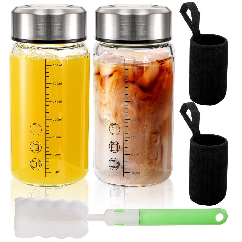 2 Pack 12oz Glass Water and Protein Shaker Bottles with Sleeve, Leakproof Wide Mouth Lid