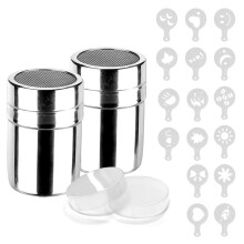 2 Pack Stainless Steel Powdered Sugar Shaker with LeakProof Lids and 16 Coffee Decorating Stencils