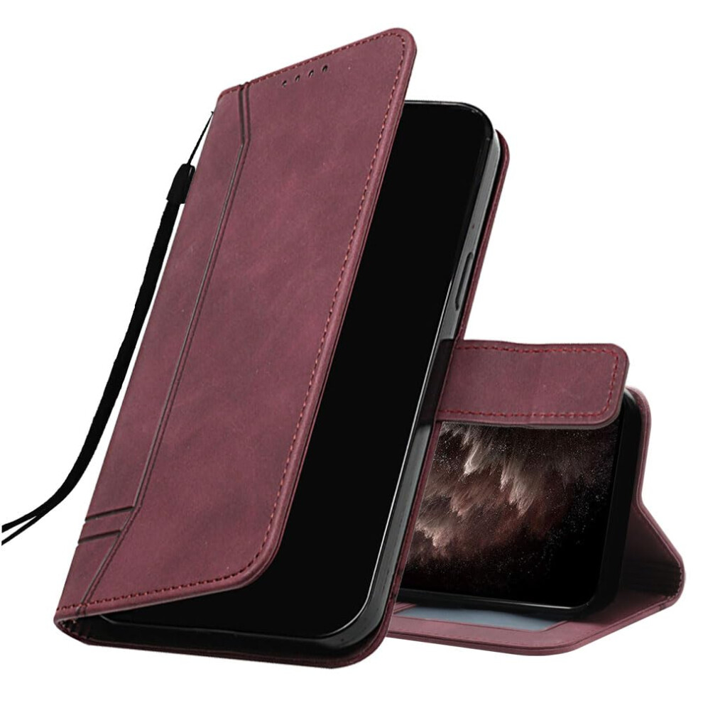 Leather Flip Wallet With 3 Card Slots Magnetic Closure Stand Shockproof Bumper Wine Hxa Red 9199774729413