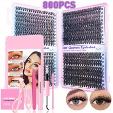 (800-teiliges Geschenkset) Wimpernverlängerungsset mit Kleber, Pinzette, Wimpernbürste und -zange, Natur- und Augenstile, mehrere Längen, 0,07 mm