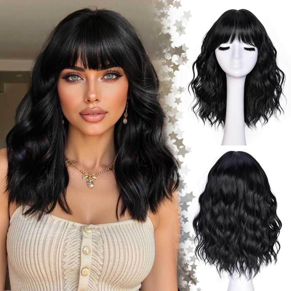 Unisex Black Short Wavy Wig With Bangs For Women Synthetic Curly Bob Natural Look For Daily And Party