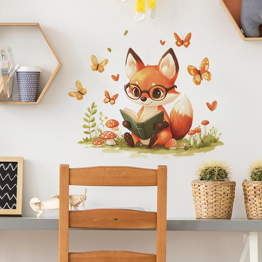 Woodland Fox Wall Decal with Butterflies and Mushrooms, Large Nursery Wall Decor for Kids Room