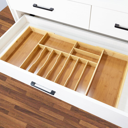 VaeFae Extra Large Kitchen Utensil Holder, Bamboo Silverware Drawer Organizer, Expandable Cutlery O 2