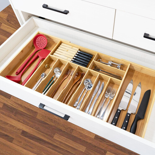 VaeFae Extra Large Kitchen Utensil Holder, Bamboo Silverware Drawer Organizer, Expandable Cutlery O 1