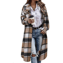 Flanneljakke til kvinder, oversized boyfriend-stil lang ternet skjortefrakke med sænkede skuldre og afslappet pasform, trenchcoat med knapper