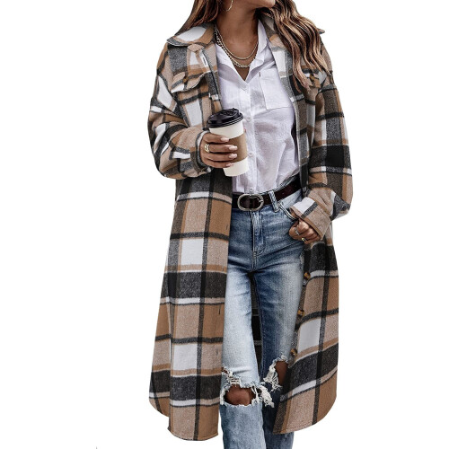 Φανελένιο μπουφάν για γυναίκες, oversized boyfriend στυλ μακρύ καρό πουκάμισο με