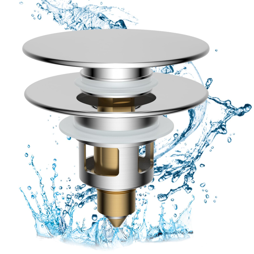 Bathroom Sink Drain Stopper With Anticlog Filter, Chrome Brass Pop Up Fits 1.1' To 2.3' Drains 9094768975572