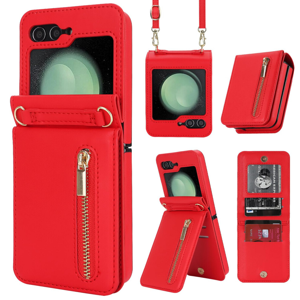 Luxury Zipper Wallet Flip Case With Kickstand Card Holder Adjustable Crossbody Strap For Galaxy Z Flip 5 Red 9199774732765