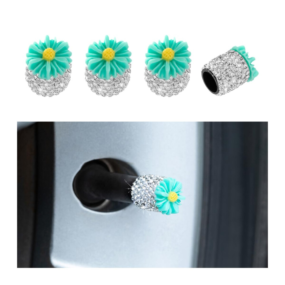 Crystal Rhinestone Car Valve Stem Caps Flower Tire Covers Dustproof Waterproof 4Pcs Blue 9199774734561