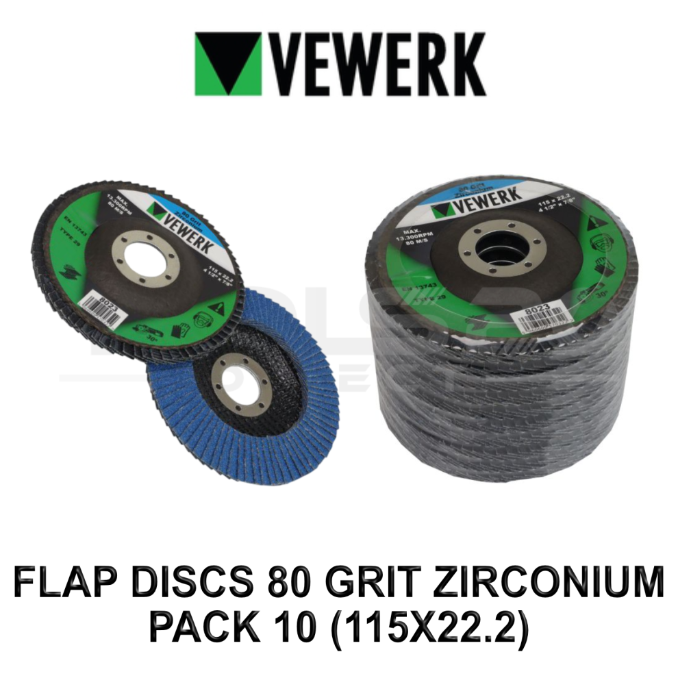Vewerk 10Pc Zirconium Flap Disc Pack 80 Grit Type 29 115 X 22.2Mm 8023 5060600570322