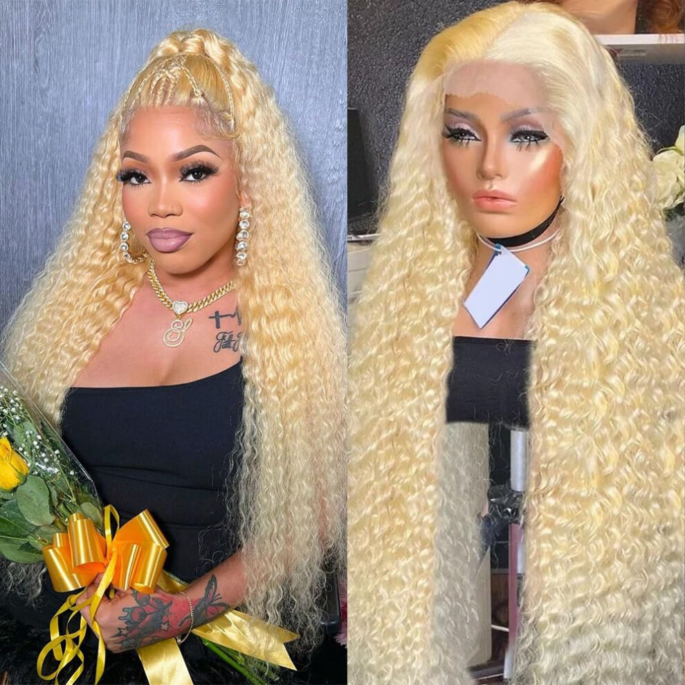 Unisex 28 Inch Blonde Lace Front Wig Human Hair 613 Deep Wave 13X6 Hd Lace Preplucked 180% Density