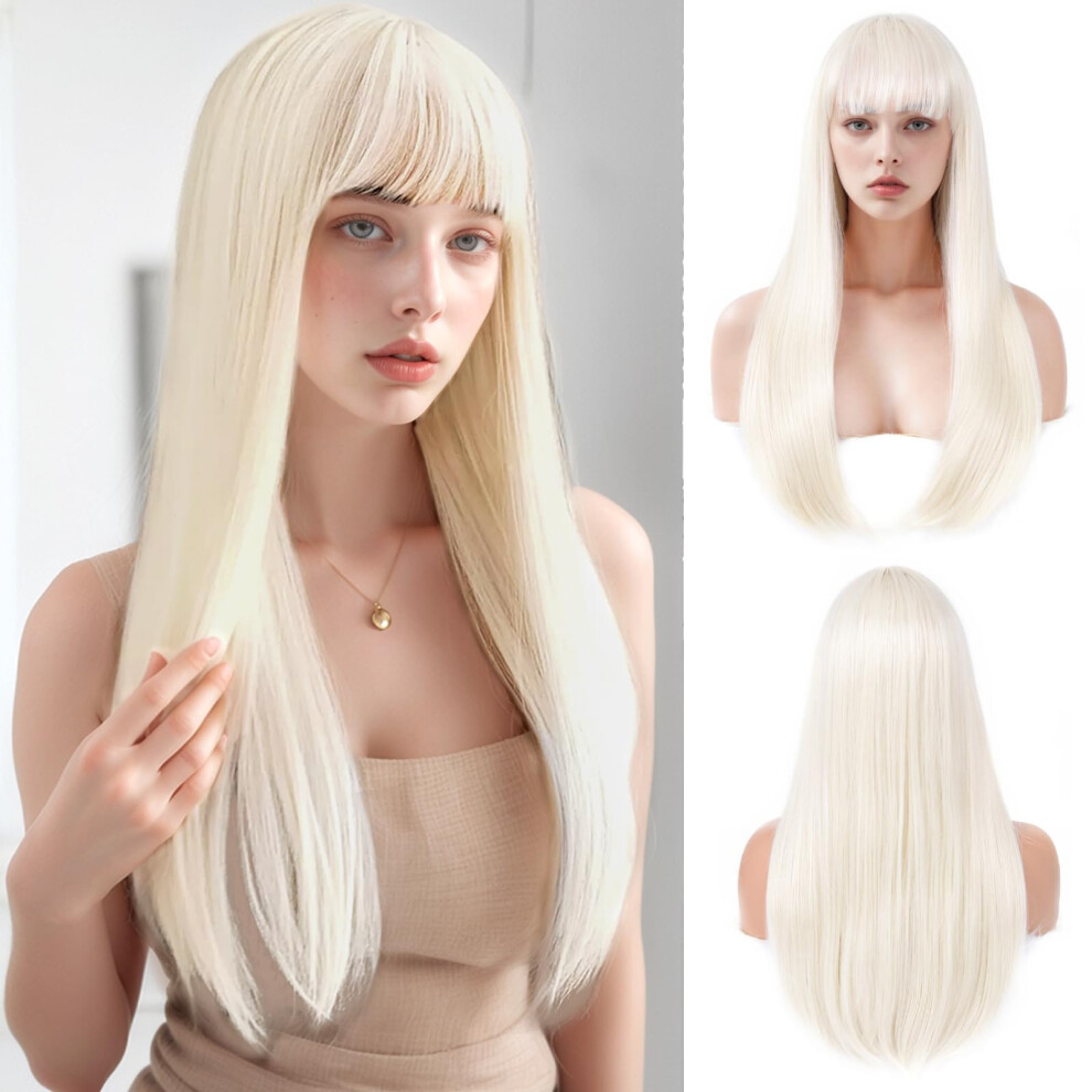 Unisex Silver Platinum Blonde Long Straight Wig With Bangs For Women Heatresistant Synthetic Cosplay Hair 24Inch