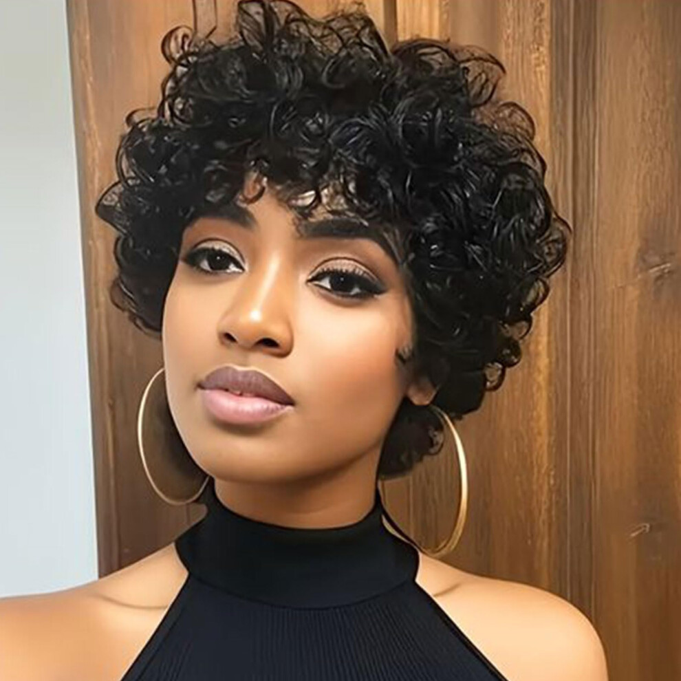 Unisex Black Short Curly Wig With Bangs For Women Natural Pixie Cut Soft Bouncy Curls