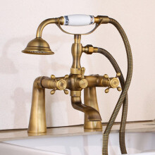 Antique Brass Bath Shower Mixer Tap with Dual Handles, 150cm Hose and Handheld Spray