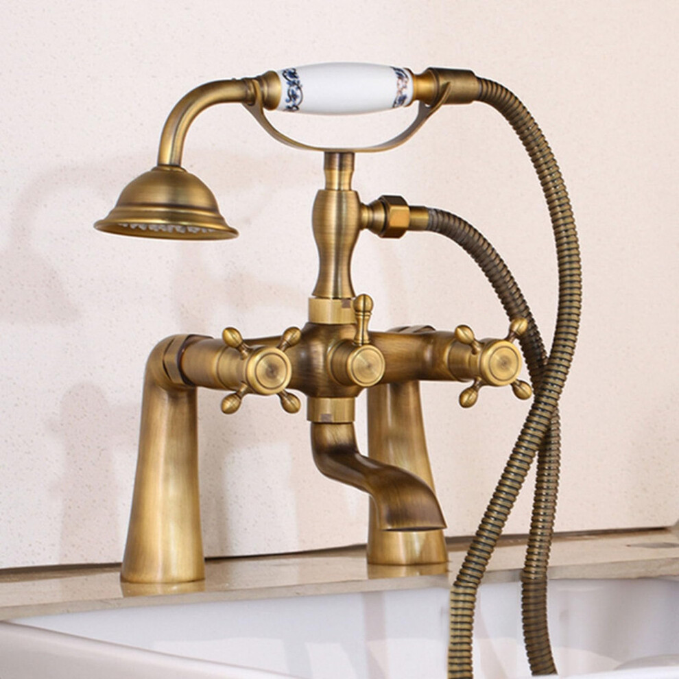 Antique Brass Bath Shower Mixer Tap With Dual Handles, 150Cm Hose And Handheld Spray 9199774739719