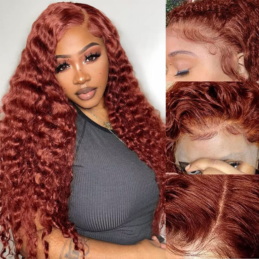 Unisex Brown 13X4 Reddish Deep Wave Human Hair Lace Front Wig 24 Inch 180% Density Hd Lace Preplucked