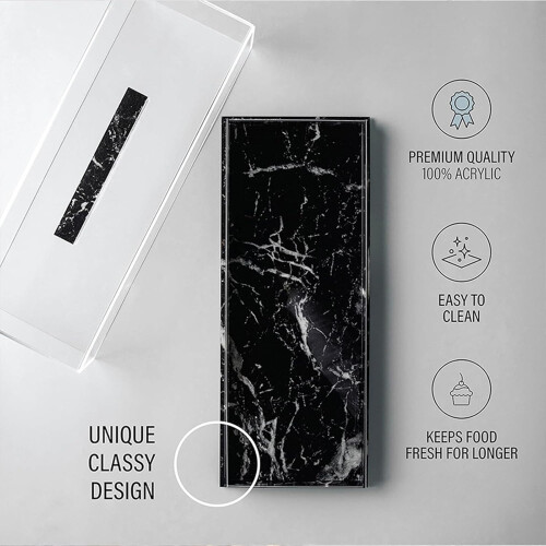 Acrylic Cake Tray With Lid Rectangular Dessert Holder Multipurpose Pastry Storage Container Black Marble 2