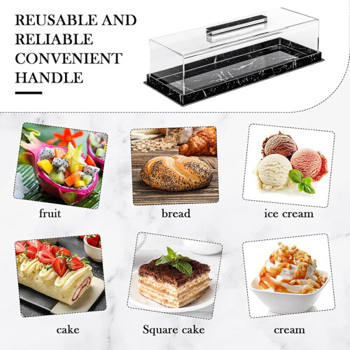 Acrylic Cake Tray With Lid Rectangular Dessert Holder Multipurpose Pastry Storage Container Black Marble 1