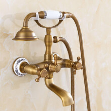 Vintage Wall Mounted Bath Mixer Tap with Hand Shower, Brass Dual Handle with Diverter