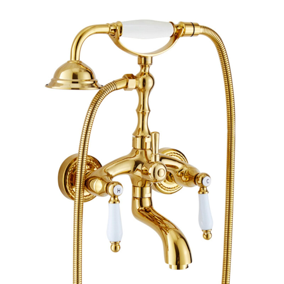 Vintage Bath Mixer Tap Gold Dual Handle Wall Mounted Shower Mixer With Diverter And 360 Spout 9199774741132