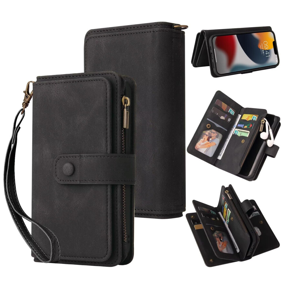 Wallet Case For Moto G54 Pu Leather Flip Case With 15 Card Slots Magnetic Closure Kickstand Wrist Strap Black 9199774741149