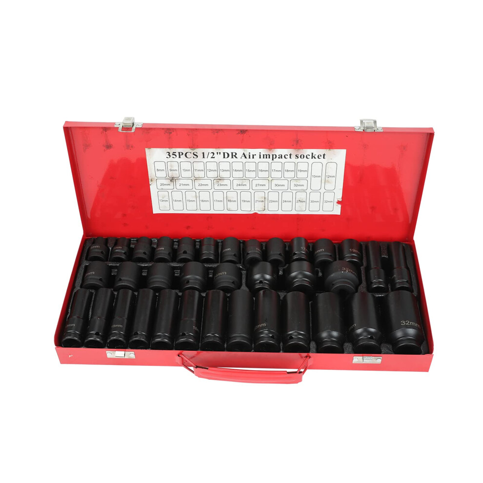 35Pcs 1/2 Inch Drive Deep Impact Socket Set 6 Point Metric 832Mm Chrome Vanadium Garage Tools 9094768981573
