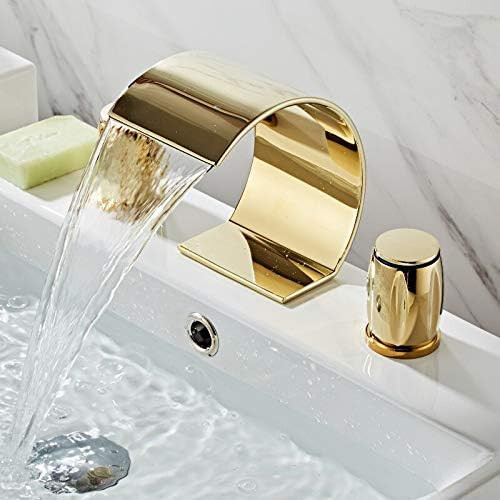 Gold Solid Brass Bathroom Faucet Double Handle Deck Mounted Waterfall Basin Mixer Hot Cold 1