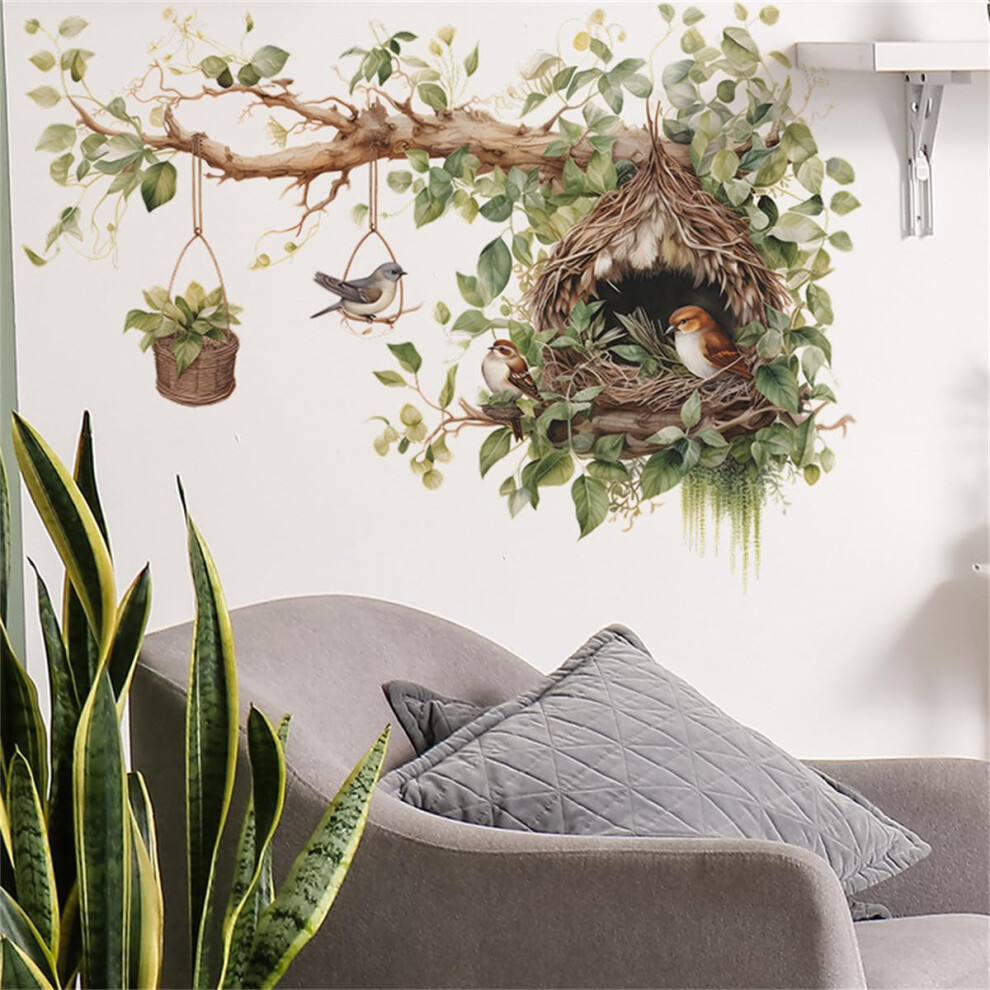 Wall Decal Tree Branch With Bird Nest And Ivy, Natureinspired Vinyl Sticker For Nursery Decor Blue
