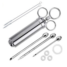 Meat Syringe 304 Stainless Steel Barbecue Marinade Syringe Kit With 3 Needles 4 ORings And 2 Cleaning Brushes