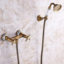 Vintage Wall Mounted Bath Mixer Tap Solid Brass Dual Lever Antique Shower with Hand Spray
