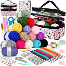 Crochet Supplies Kit for Beginners, Ergonomic Crochet Hooks with 16 Colors Yarn, Complete Learn to Crochet Kit with Instructions, Double-Layer Case Po