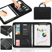 Portfolio Organizer with Zipper Closure, A4 Conference Folder with Built-In Calculator and Multiple Compartments, Business Binder Organizer with Docum