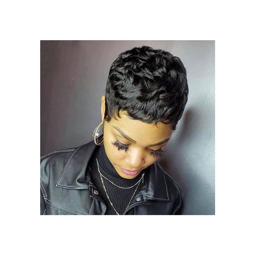 Pixie Cut Wig with Bangs for Women, Heat Resistant Synthetic Short Black Hair