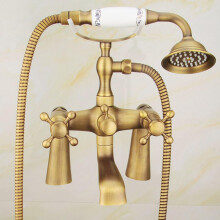 Antique Brass Bath Shower Mixer Tap, Dual Lever 2 Hole with Diverter and Handheld Shower Hose