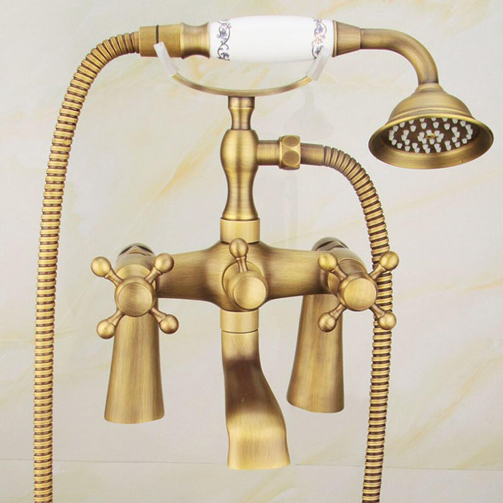 Antique Brass Bath Shower Mixer Tap, Dual Lever 2 Hole With Diverter And Handheld Shower Hose 9094768987612