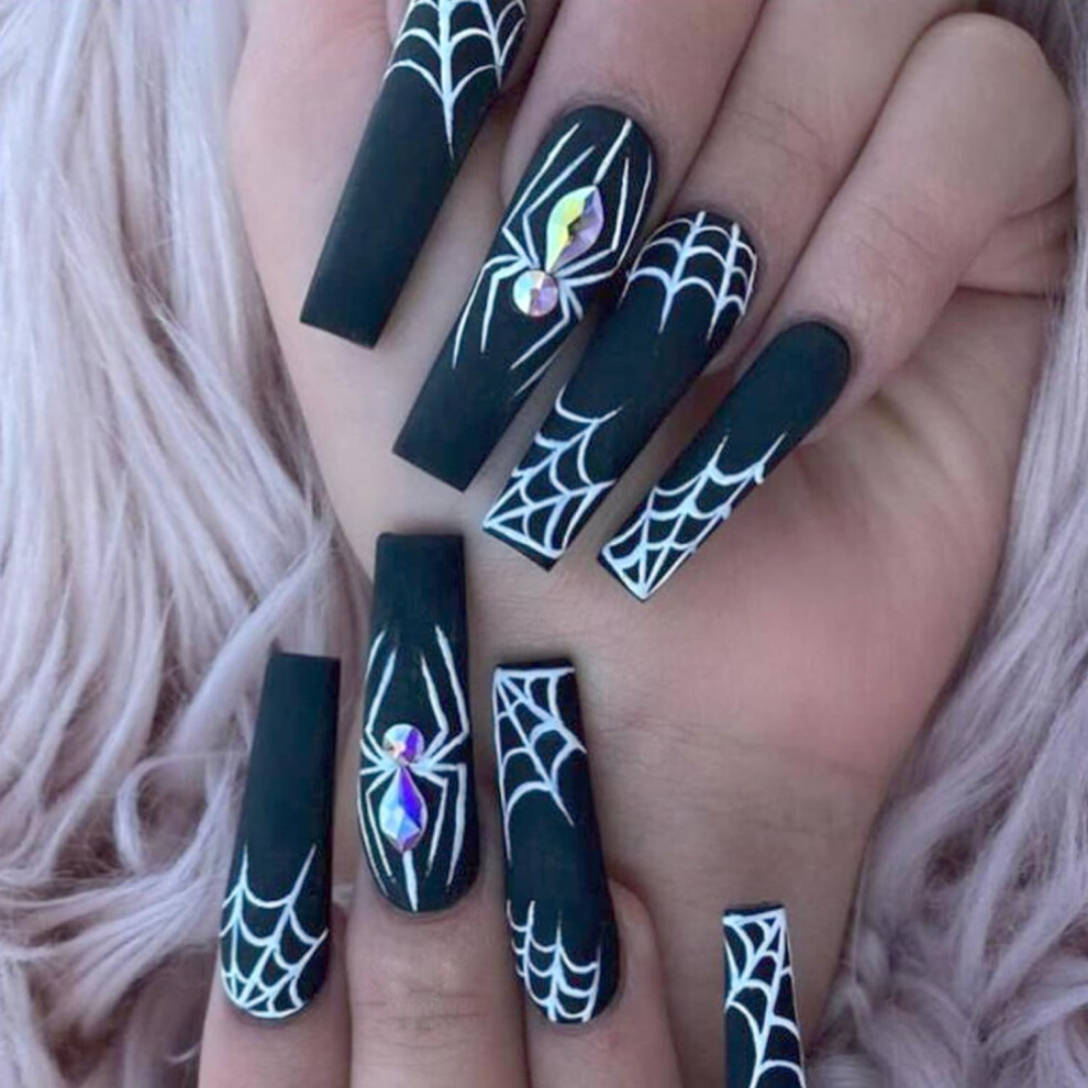Black Halloween Coffin Press On Nails With Glossy Spider Web And Rhinestones, Reusable Acrylic Tips