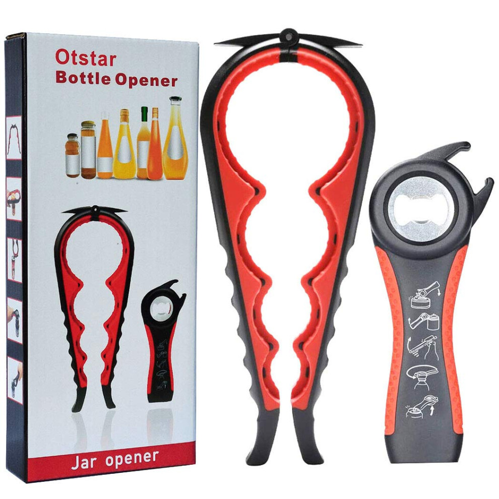 Black/Red Jar Opener And Bottle Opener For Seniors With Arthritis, Adjustable Grip, Nonslip 5In1
