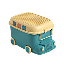Kids Toy Storage Box Bus Shaped Large Plastic Toy Chest with Lid and Wheels Dustproof Handle Green