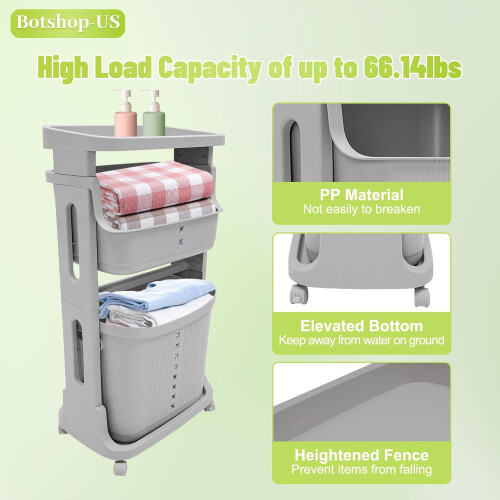 2 Tier Laundry Hamper with Wheels, Large Capacity Rolling Basket Organizer, Grey Stackable Bins 2